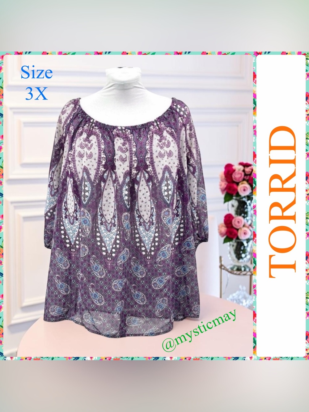 Vintage TORRID Purple Paisley Sheer Peasant Boho Blouse Festival Top Plus Sz 3X